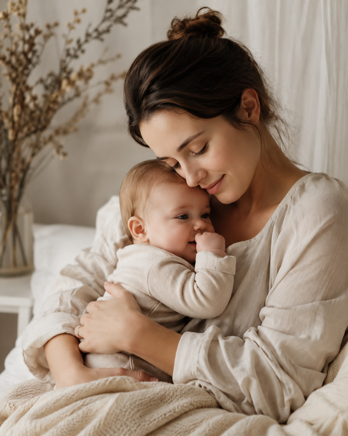 A mother sitting calmly with her toddler, both at ease